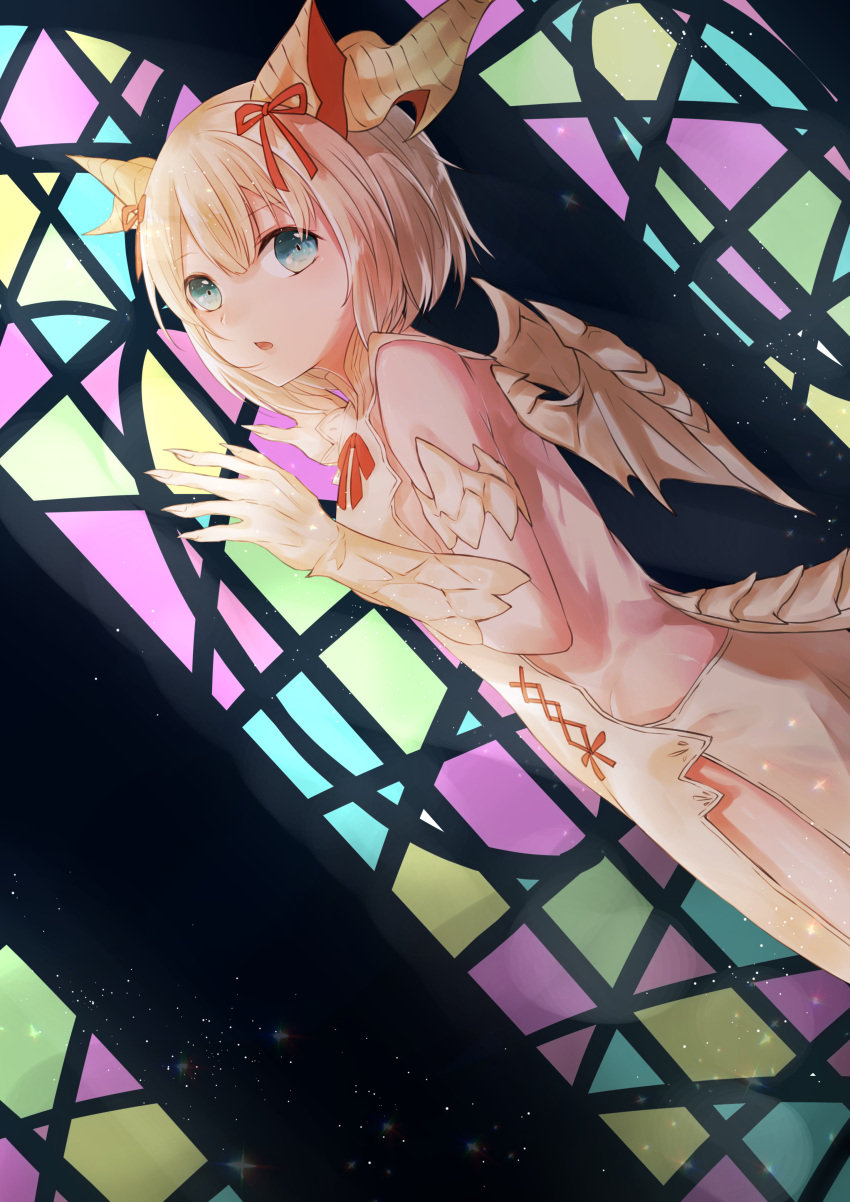 1girl :o absurdres armlet backless_outfit bare_back bare_shoulders blonde_hair blue_eyes dragon_ears dragon_girl dragon_horns dragon_tail dragon_wings dress dutch_angle elbow_gloves eyebrows_visible_through_hair fingernails from_side gloves hair_ribbon highres horns kurage_(11649021) light_particles long_fingernails looking_at_viewer looking_to_the_side myr_(p&amp;d) open-back_dress open_mouth puzzle_&amp;_dragons red_ribbon ribbon sharp_fingernails shoes solo stained_glass tail tareme wings yellow_dress yellow_gloves