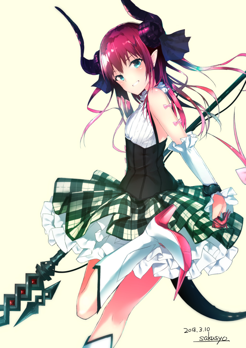 1girl asymmetrical_horns bare_shoulders blue_eyes boots bow breasts curled_horns dated detached_sleeves elizabeth_bathory_(fate) elizabeth_bathory_(fate)_(all) fate/grand_order fate_(series) high_heel_boots high_heels highres holding holding_staff horns medium_hair one_leg_raised plaid plaid_skirt pointy_ears redhead sakusyo shoes signature simple_background skirt small_breasts smile solo spiked_shoes spikes staff standing standing_on_one_leg tail yellow_background