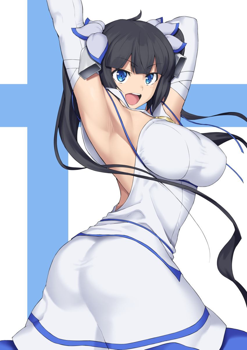 1girl armpits arms_up ass black_hair blue_eyes bnc_(bunshi) breasts cleavage commentary_request dress dungeon_ni_deai_wo_motomeru_no_wa_machigatteiru_darou_ka elbow_gloves gloves hair_ribbon hestia_(danmachi) highres large_breasts looking_at_viewer open_mouth pose rei_no_himo ribbon smile standing twintails white_dress white_gloves