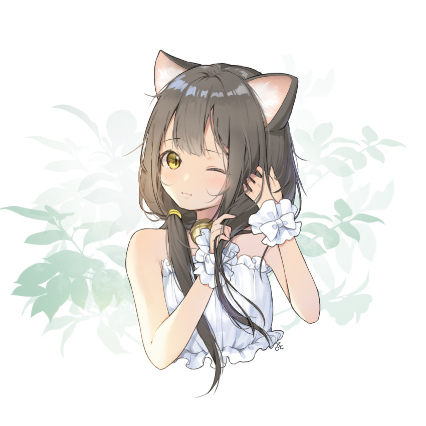 1girl ;) aeng_dyu animal_ears bangs bare_shoulders bell bell_choker blush bra brown_hair cat_ears choker eyebrows_visible_through_hair frilled_bra frills hair_tie hairdressing head_tilt highres jingle_bell leaf leaf_background long_hair looking_at_viewer low_twintails one_eye_closed original signature slit_pupils smile solo tareme twintails underwear upper_body white_bra wrist_cuffs yellow_eyes