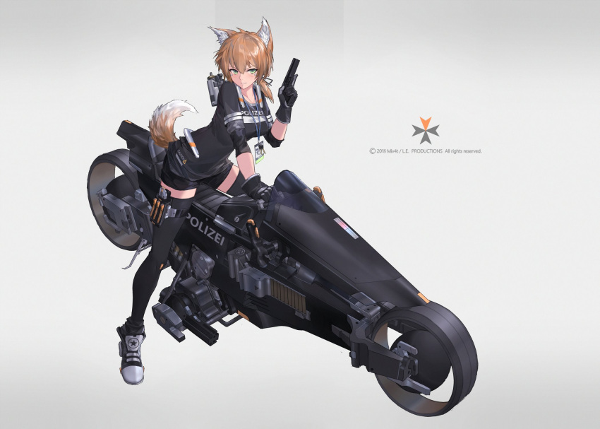 1girl animal_ears auburn_hair fox_ears fox_girl fox_tail ground_vehicle gun handgun highres holding holding_gun holding_weapon looking_at_viewer mivit motor_vehicle motorcycle original pistol science_fiction shorts smile tail thigh-highs weapon white_background