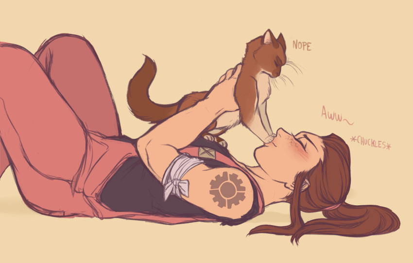 1girl bare_arms blush brigitte_(overwatch) brown_hair camisole cat closed_eyes closed_mouth english freckles from_side highres holding holding_cat long_hair looking_at_another lying murasaki-yuri on_back overalls overwatch ponytail shoulder_tattoo simple_background smile tattoo