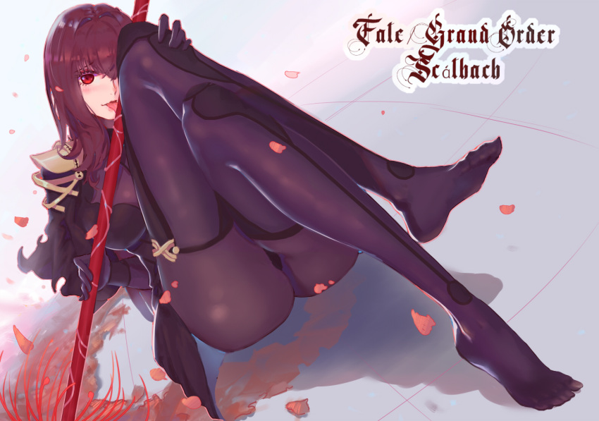 armor ass atianshi between_legs bodysuit breasts error fate/grand_order fate_(series) gae_bolg holding holding_weapon large_breasts legs legs_crossed long_hair pantyhose pauldrons polearm purple_bodysuit purple_hair red_eyes scathach_(fate/grand_order) shoulder_armor sitting sitting_on_floor skin_tight spear tongue tongue_out weapon wrong_feet