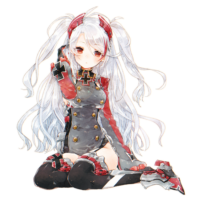 1girl arm_support arm_up artist_request azur_lane bangs black_gloves black_legwear blush boots breasts commentary_request dress eyebrows_visible_through_hair full_body garter_straps gloves grey_dress grey_footwear hair_between_eyes headgear highres iron_cross kikka_(kicca_choco) long_hair long_sleeves looking_at_viewer medium_breasts parted_lips prinz_eugen_(azur_lane) puffy_long_sleeves puffy_sleeves red_eyes silver_hair simple_background sitting solo thigh-highs two_side_up very_long_hair white_background yokozuwari