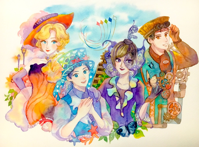 2boys 2girls anemone_(anemoneko) black_hair blue_eyes blue_sky brown_hair butterfly carlotta_mariposa choker disney dress fashionable_easter frills gears gloria_de_mode hat highres hugo_verjules kite multiple_boys multiple_girls orange_eyes p.a._ocean_seamarine short_hair sky strapless strapless_dress top_hat upper_body violet_eyes waistcoat