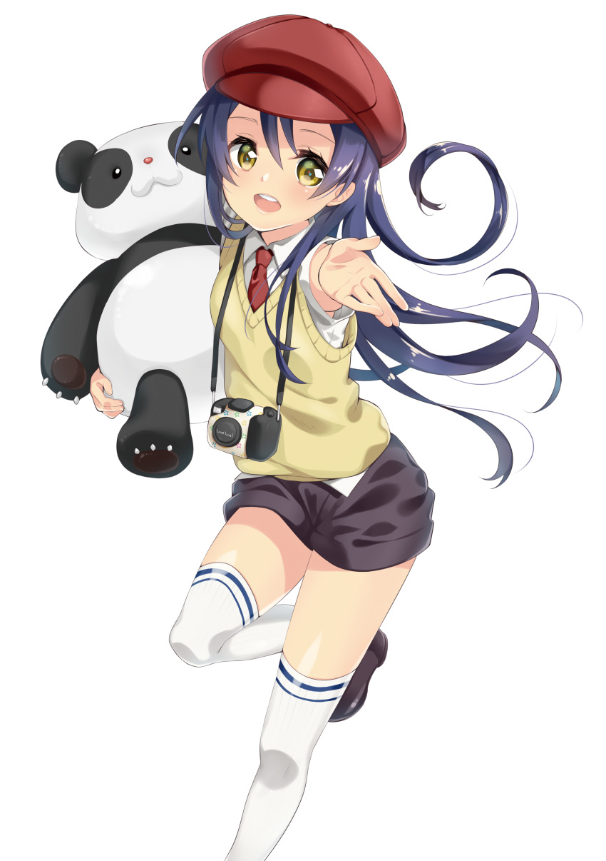 1girl absurdres bangs blue_hair blush camera commentary_request hat highres holding kashiwagi_sumika leg_up long_hair looking_at_viewer love_live! love_live!_school_idol_project necktie open_mouth outstretched_arm panda red_hat shorts simple_background smile solo sonoda_umi stuffed_animal stuffed_panda stuffed_toy thigh-highs vest white_background white_legwear