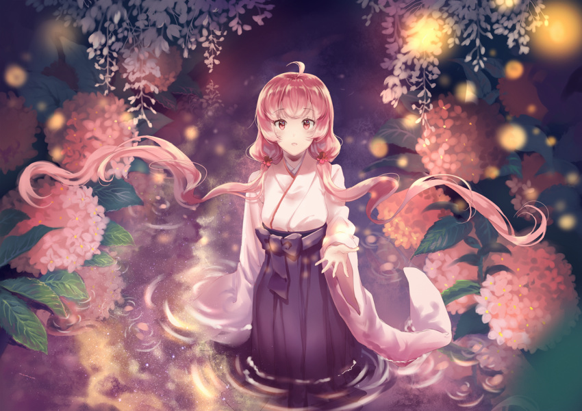 1girl :o ahoge cangchen flower long_hair looking_at_viewer original outstretched_hand pink_flower pink_hair red_eyes ripples solo twintails very_long_hair wading water wide_sleeves