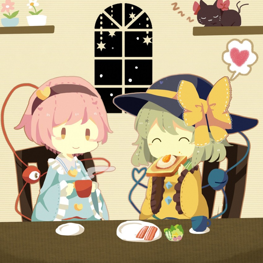 2girls ^_^ bacon bow chair closed_eyes commentary_request cup eating egg flower food green_hair hairband hat hat_bow hat_ribbon heart heart_of_string highres holding holding_cup kaenbyou_rin kaenbyou_rin_(cat) komeiji_koishi komeiji_satori long_sleeves moyo_(amaniwa) multiple_girls pink_hair plant plate potted_plant ribbon salad shelf short_hair sitting sleeping smile spoken_heart star steam table third_eye toast touhou wide_sleeves window zzz