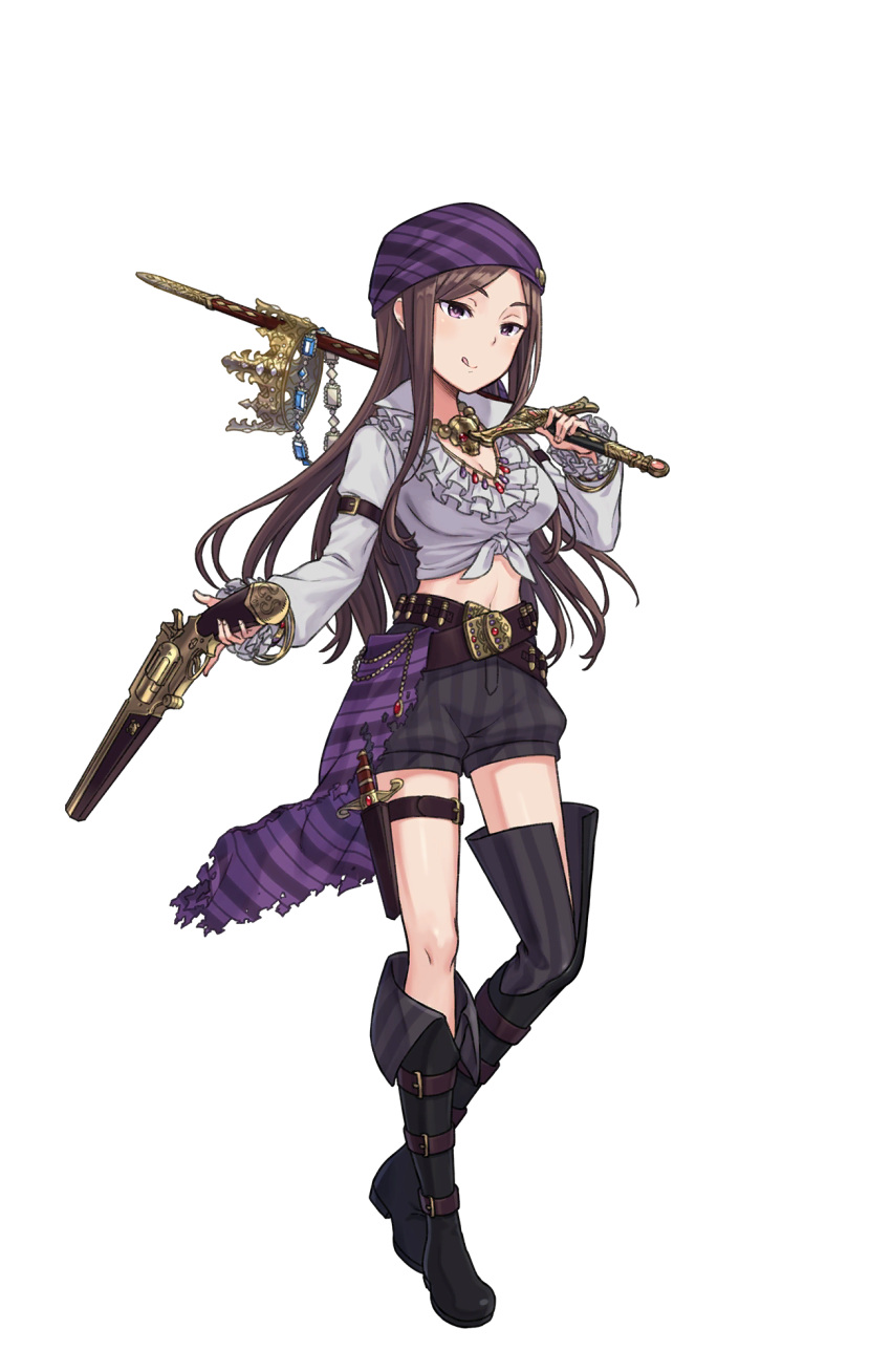 1girl arm_belt bandanna belt belt_boots black_footwear boots breasts brown_hair cleavage crown_removed dorothy_(princess_principal) full_body gun highres holding holding_gun holding_weapon knife licking_lips long_hair looking_at_viewer medium_breasts midriff navel necklace_removed official_art over_shoulder princess_principal princess_principal_game_of_mission sheath sheathed shell_casing shorts skull_necklace solo standing striped striped_shorts sword thigh-highs thigh_boots thigh_strap tongue tongue_out violet_eyes weapon
