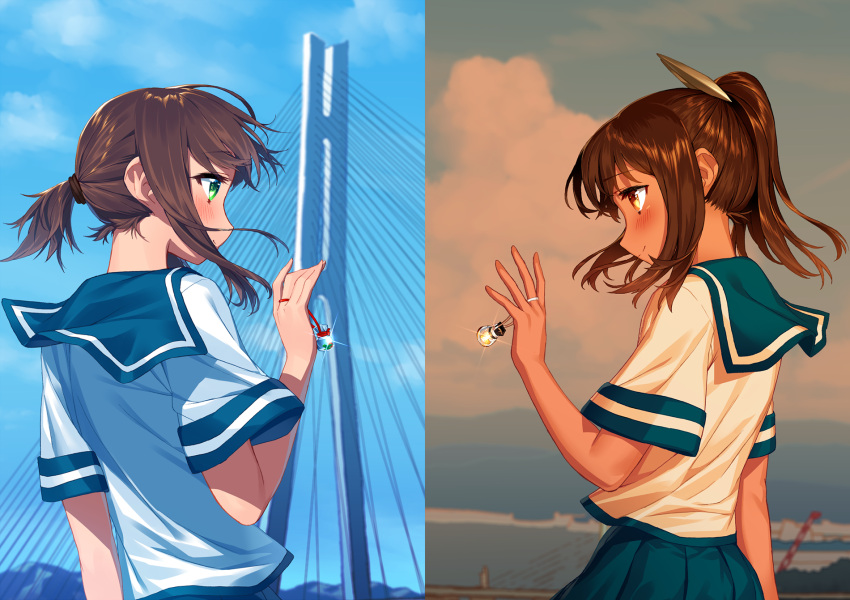 2girls alternate_costume amulet blew_andwhite blush bridge brown_eyes brown_hair clouds day fubuki_(kantai_collection) green_eyes hair_ornament hair_tie hand_up high_ponytail highres i-401_(kantai_collection) kantai_collection looking_to_the_side multiple_girls pleated_skirt ponytail profile school_uniform serafuku short_hair short_hair_with_long_locks sidelocks skirt sky smile sunset tan wind