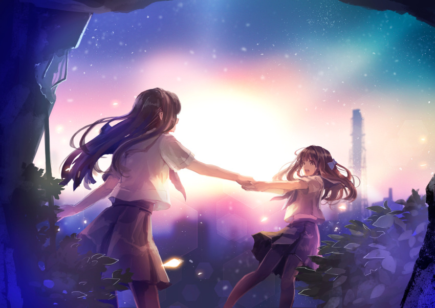 2girls backlighting black_eyes black_hair bow eye_contact hair_bow hand_holding lens_flare light_particles long_hair looking_at_another multiple_girls naruse_chisato open_mouth original overgrown plant pulling ruins school_uniform serafuku skirt twilight vines