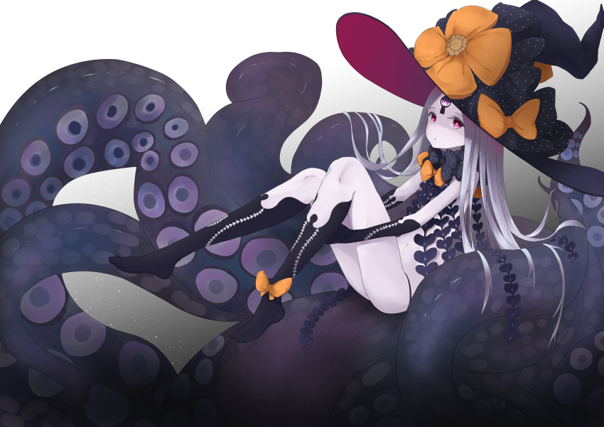 1girl :o abigail_williams_(fate/grand_order) absurdres bangs black_bow black_gloves black_hat black_legwear black_panties bow commentary_request elbow_gloves fate/grand_order fate_(series) gloves gradient gradient_background grey_background hat hat_bow highres kneehighs leg_hug lilcat long_hair looking_at_viewer orange_bow pale_skin panties parted_bangs parted_lips polka_dot polka_dot_bow revealing_clothes solo suction_cups tentacle topless underwear very_long_hair violet_eyes white_background white_hair witch_hat