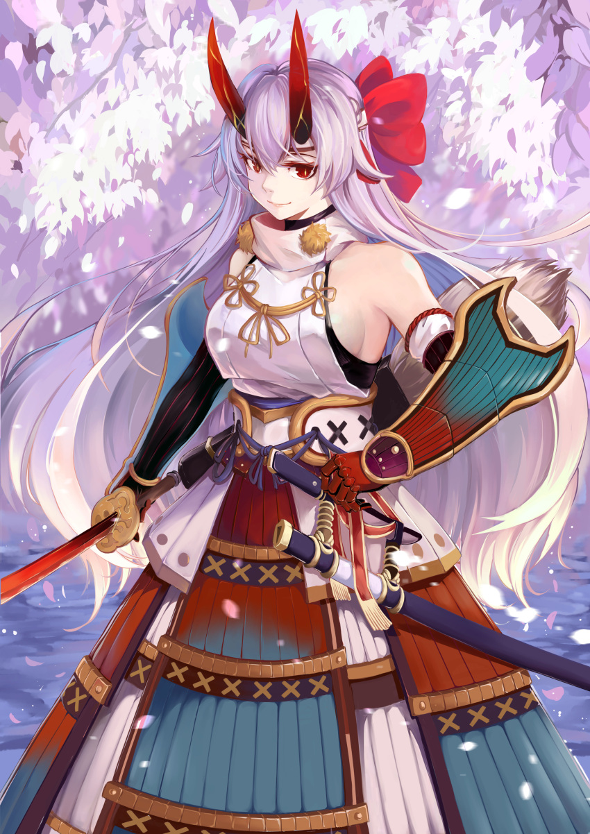 1girl absurdres armor breasts fate/grand_order fate_(series) gloves headband highres holding holding_weapon horns japanese_armor japanese_clothes kote kusazuri long_hair looking_at_viewer red_eyes scabbard sheath sideboob slit_pupils smile solo tomoe_gozen_(fate/grand_order) very_long_hair weapon white_hair