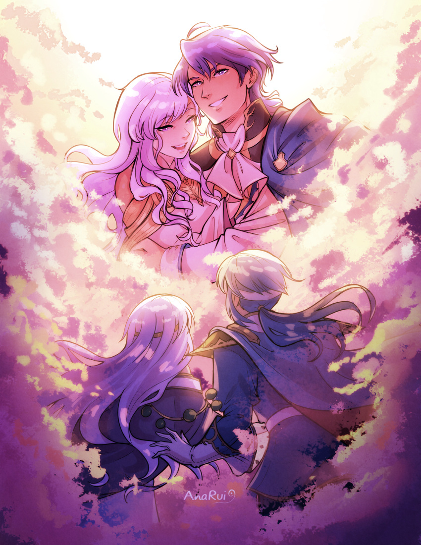 2boys 2girls blue_hair cape celice_(fire_emblem) clouds diadora_(fire_emblem) father_and_daughter father_and_son fire_emblem fire_emblem:_seisen_no_keifu headband highres long_hair mother_and_daughter mother_and_son multiple_boys multiple_girls parent_and_child sigurd_(fire_emblem) smile tiuana_rui wavy_hair white_hair yuria_(fire_emblem)