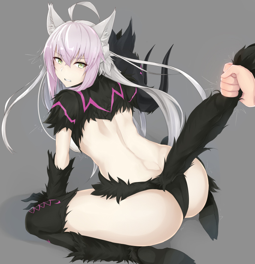 1girl absurdres agrius_metamorphosis all_fours animal_ears atalanta_(alter)_(fate) cat_ears fate/grand_order fate_(series) fur_gloves fur_trim gloves grabbing green_eyes grey_background hair_between_eyes highres holding_tail long_hair maruya1006 silver_hair simple_background solo_focus tail thigh-highs very_long_hair yellow_eyes