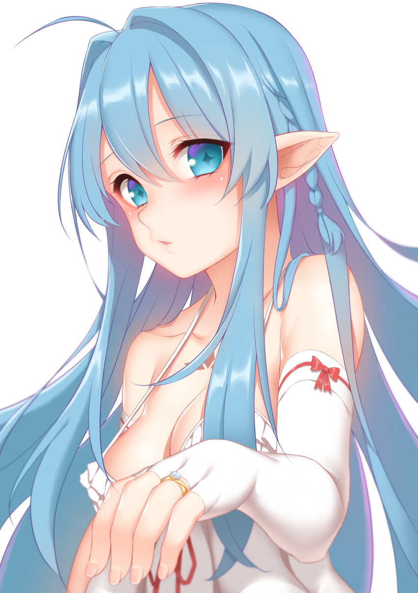1girl absurdres ahoge bangs blue_eyes blue_hair blush braid breasts bridal_gauntlets bride chest_tattoo cleavage collarbone dress elbow_gloves elf fingernails gloves highres jewelry large_breasts long_fingernails long_hair looking_at_viewer no_bra offering_hand original parted_lips pointy_ears ring single_braid star star-shaped_pupils symbol-shaped_pupils tattoo wedding_dress wedding_ring white_background white_dress white_gloves zhaofeng_yinyue