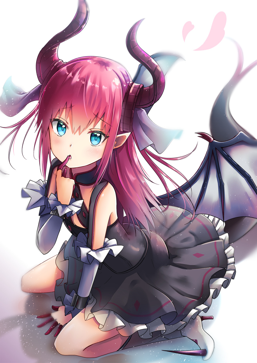 1girl :o asymmetrical_horns bangs black_dress black_wings blue_eyes blurry blush boots buckle curled_horns depth_of_field detached_sleeves dragon_girl dragon_horns dragon_tail dragon_wings dress elizabeth_bathory_(fate) elizabeth_bathory_(fate)_(all) eyebrows_visible_through_hair fate/extra fate/extra_ccc fate_(series) finger_to_mouth flat_chest frilled_dress frills from_above full_body hair_between_eyes hand_up heart high_heel_boots high_heels highres horns knee_boots long_hair looking_at_viewer on_floor pink_hair pointy_ears reflective_floor renka_(cloudsaikou) shiny shiny_hair short_dress sidelocks simple_background sitting solo tail two_side_up wariza white_background wings wrist_cuffs
