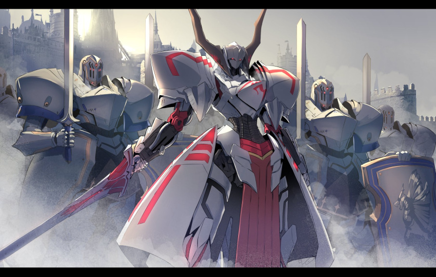 armor army battle breastplate castle clarent emblem fate/apocrypha fate/grand_order fate_(series) faulds full_armor gauntlets glowing glowing_eyes highres holding holding_sword holding_weapon knight mechanization mordred_(fate) mordred_(fate)_(all) nanashina pauldrons red_eyes shield standing sunlight sword weapon