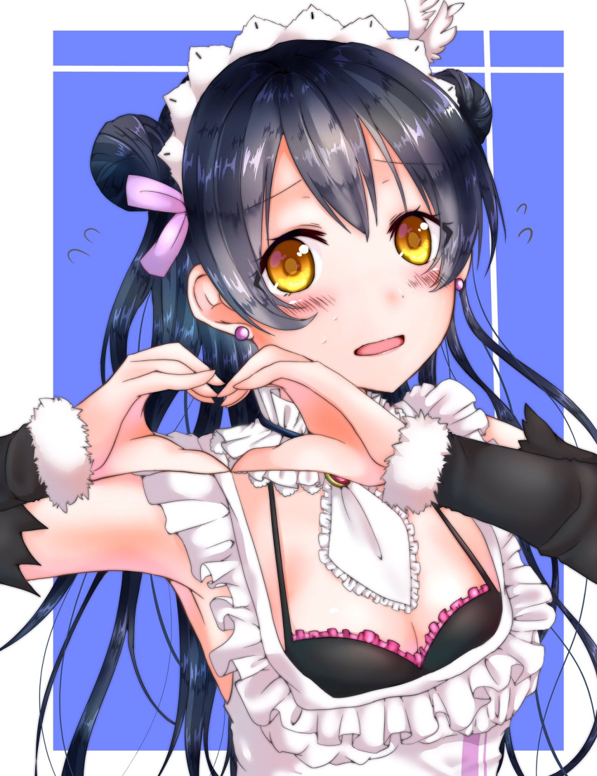 1girl apron bangs blue_hair blush commentary_request detached_collar detached_sleeves double_bun earrings eyebrows_visible_through_hair hair_ornament heart heart_hands highres jewelry long_hair looking_at_viewer love_live! love_live!_school_idol_project maid maid_apron maid_headdress mogyutto_"love"_de_sekkin_chuu! open_mouth sae_(scux2547) simple_background solo sonoda_umi upper_body yellow_eyes