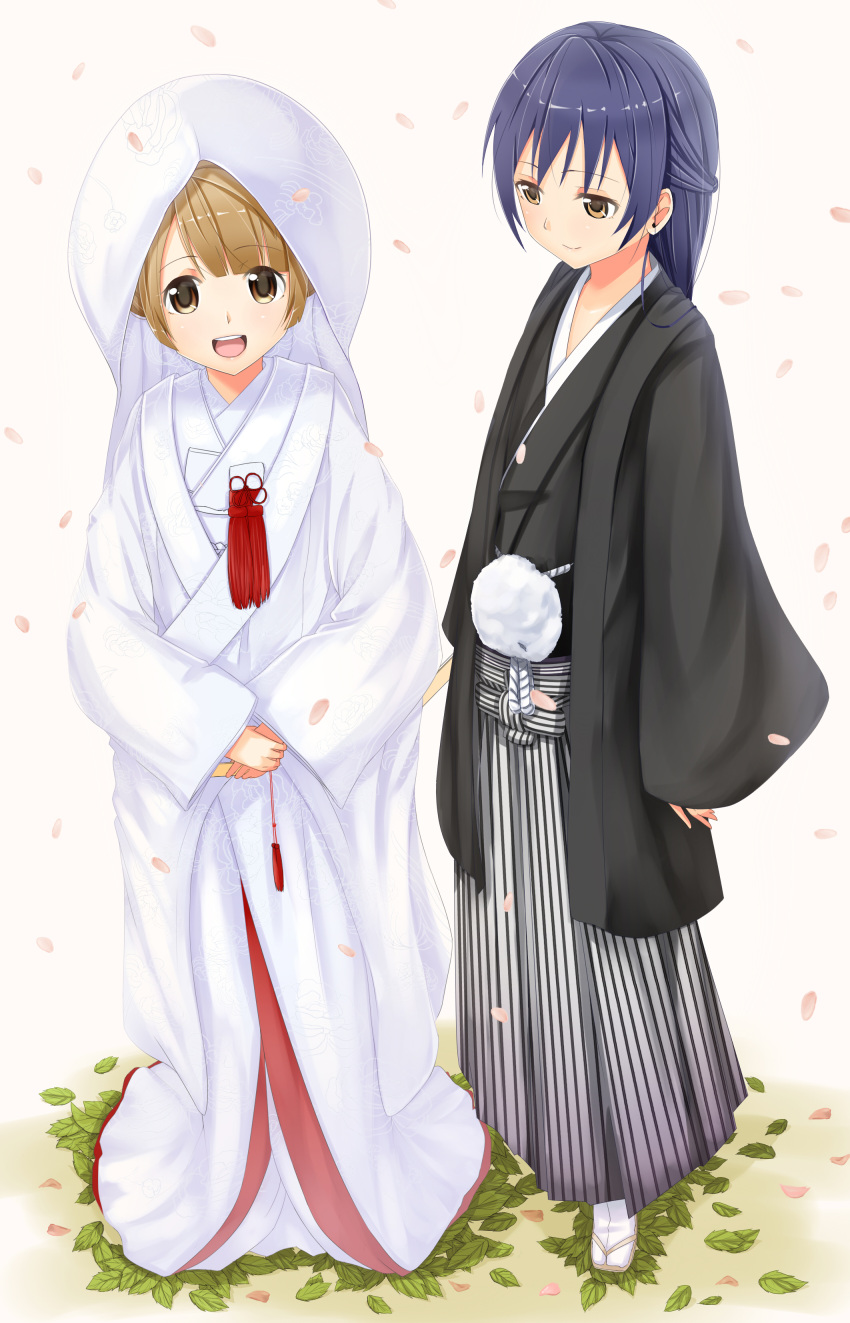 2girls absurdres blue_hair bride commentary_request dress eyebrows_visible_through_hair grey_hair hair_between_eyes hat highres hood japanese_clothes kimono long_hair long_sleeves looking_at_viewer love_live! love_live!_school_idol_project minami_kotori multiple_girls open_mouth smile sonoda_umi standing striped terebi_(shimizu1996) uchikake wedding wedding_dress white_kimono wide_sleeves wife_and_wife yellow_eyes yuri