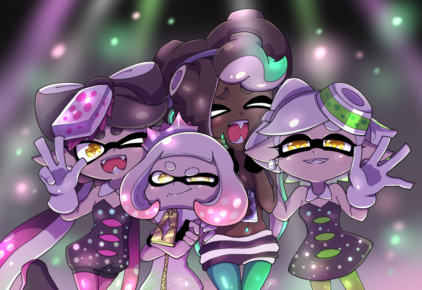 4girls aori_(splatoon) black_gloves crossed_arms dark_skin fangs fingerless_gloves food food_on_head ggrks05 gloves highres hime_(splatoon) hotaru_(splatoon) iida_(splatoon) looking_at_viewer mole mole_under_eye mole_under_mouth multiple_girls object_on_head one_eye_closed smile splatoon splatoon_1 splatoon_2 tentacle_hair white_gloves zipper zipper_pull_tab