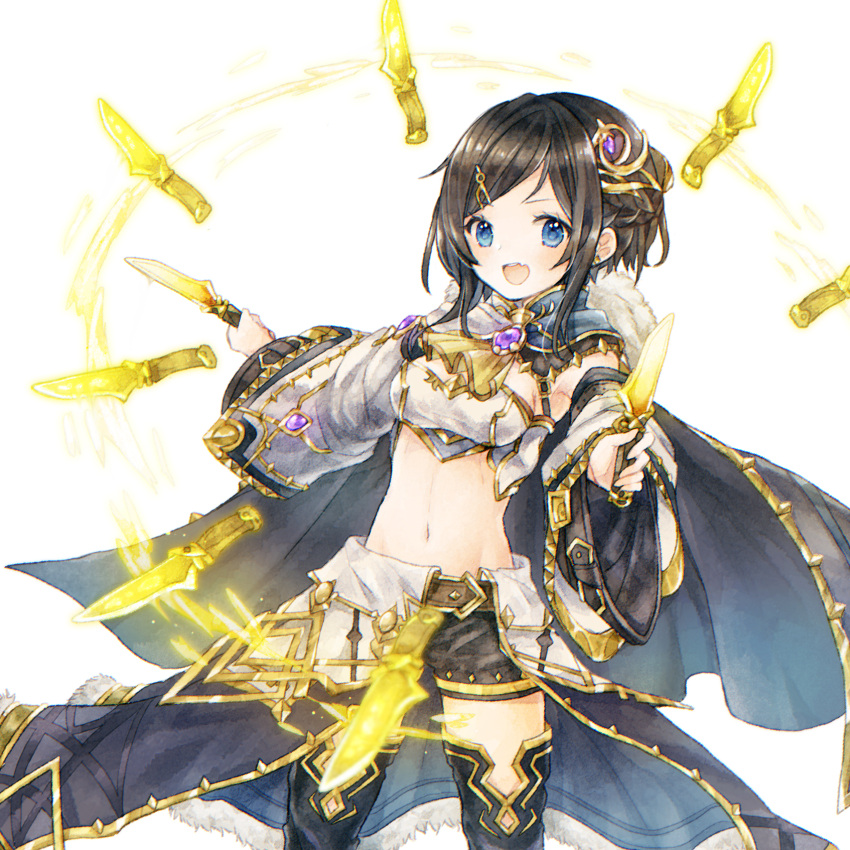 1girl :d ascot bangs black_hair black_legwear black_shorts blue_eyes blush breasts brooch brown_belt commentary_request copyright_request cryptract dagger detached_sleeves dual_wielding fang hair_ornament hairclip highres holding holding_dagger holding_weapon jewelry kikka_(kicca_choco) long_sleeves looking_at_viewer medium_breasts open_mouth short_shorts shorts simple_background smile solo swept_bangs thigh-highs upper_teeth weapon white_background wide_sleeves yellow_neckwear