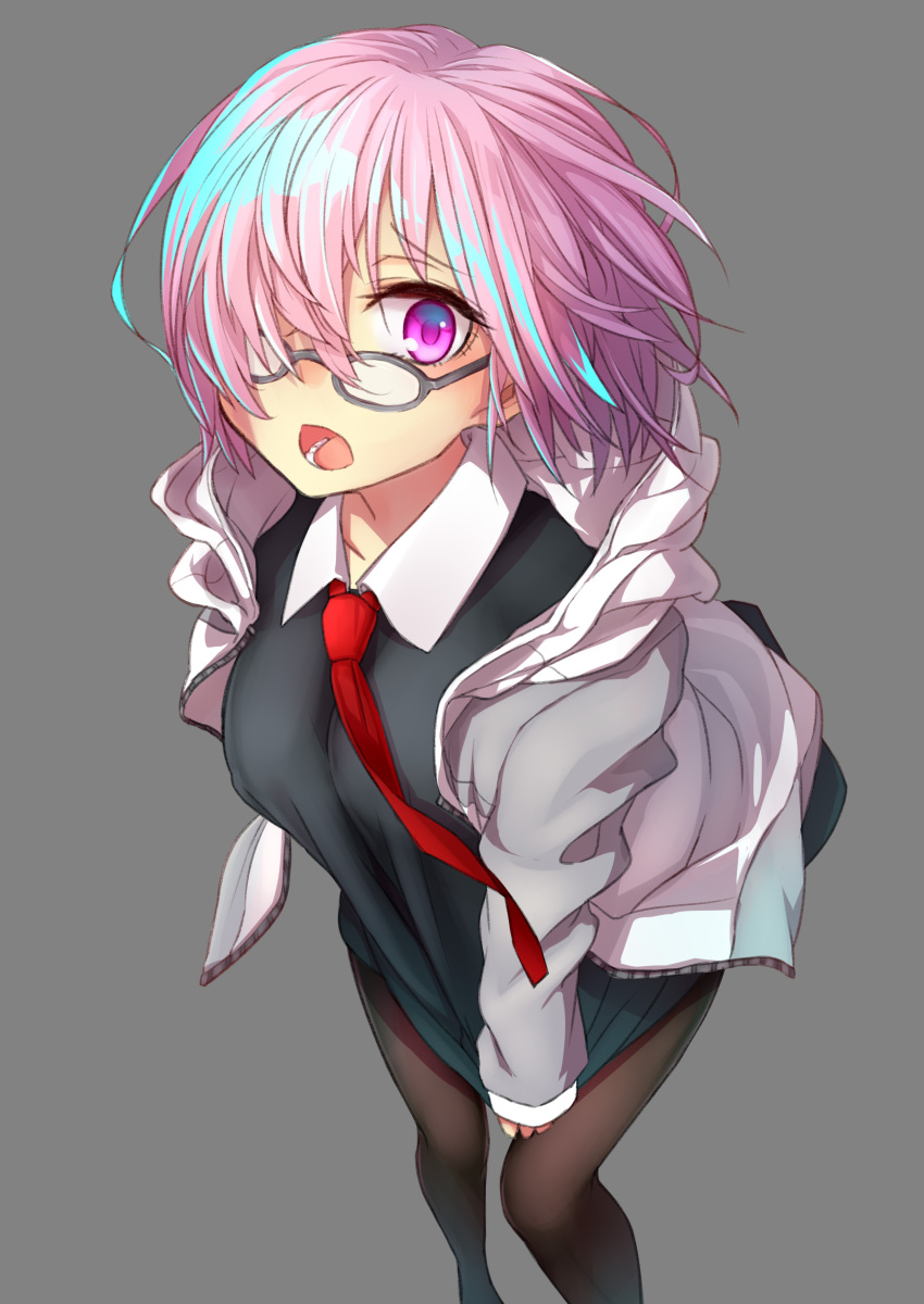 1girl absurdres breasts fate/grand_order fate_(series) glasses grey_background hair_over_one_eye highres jacket jacket_on_shoulders looking_at_viewer mash_kyrielight medium_breasts necktie open_mouth orihiro0614 pantyhose pulling purple_hair short_hair simple_background solo standing tongue violet_eyes