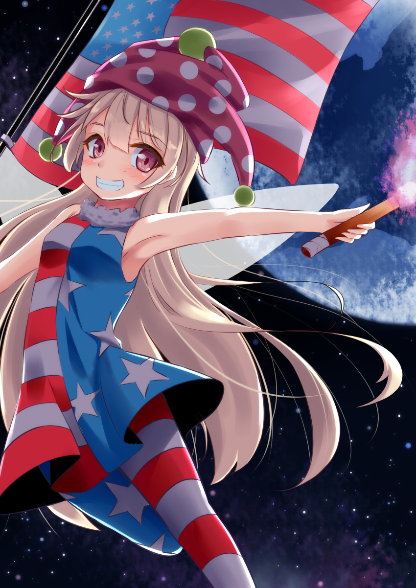 1girl absurdres adapted_costume american_flag american_flag_dress american_flag_legwear armpits bangs bare_arms bare_shoulders blonde_hair blue_dress blue_legwear blush breasts clownpiece commentary_request dress earth eyebrows_visible_through_hair fairy_wings fang feet_out_of_frame flag grin hair_between_eyes hat highres holding holding_torch indica jester_cap long_hair looking_at_viewer neck_ruff pantyhose polka_dot polka_dot_hat purple_hat red_dress red_legwear short_dress sleeveless sleeveless_dress small_breasts smile solo space star star_(sky) star_print striped striped_dress striped_legwear thighs torch touhou very_long_hair violet_eyes white_dress white_legwear wings