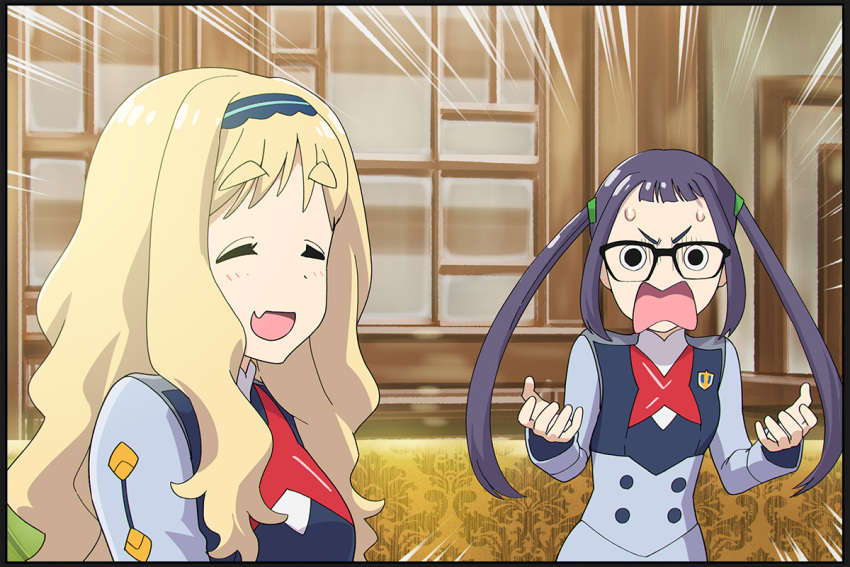 2girls black_border blonde_hair border closed_eyes commentary darling_in_the_franxx emphasis_lines fang glasses ikuno_(darling_in_the_franxx) inuyama_aoi kokoro_(darling_in_the_franxx) long_hair multiple_girls oogaki_chiaki parody purple_hair season_connection thick_eyebrows twintails ueyama_michirou yurucamp