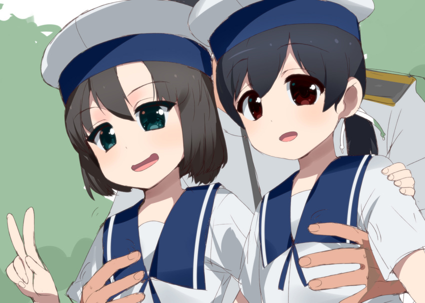 2girls admiral_(kantai_collection) black_hair blush brown_hair daitou_(kantai_collection) dress eyebrows_visible_through_hair grabbing grabbing_from_behind green_eyes hair_between_eyes hair_ribbon hand_on_another's_chest hand_on_another's_shoulder hat hiburi_(kantai_collection) kantai_collection kusaka_souji long_hair looking_at_viewer multiple_girls open_mouth ponytail red_eyes ribbon sailor_collar sailor_dress sailor_hat short_hair short_sleeves smile v white_hat