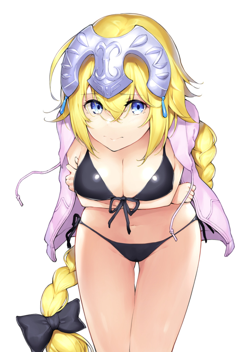 1girl bikini black_bikini black_bow blonde_hair blue_eyes bow breasts cowboy_shot crossed_arms dabuki fate/apocrypha fate/grand_order fate_(series) front-tie_top hair_bow headpiece highres jacket jeanne_d'arc_(fate) jeanne_d'arc_(fate)_(all) large_breasts leaning_forward long_braid looking_at_viewer pink_jacket simple_background solo swimsuit thigh_gap white_background