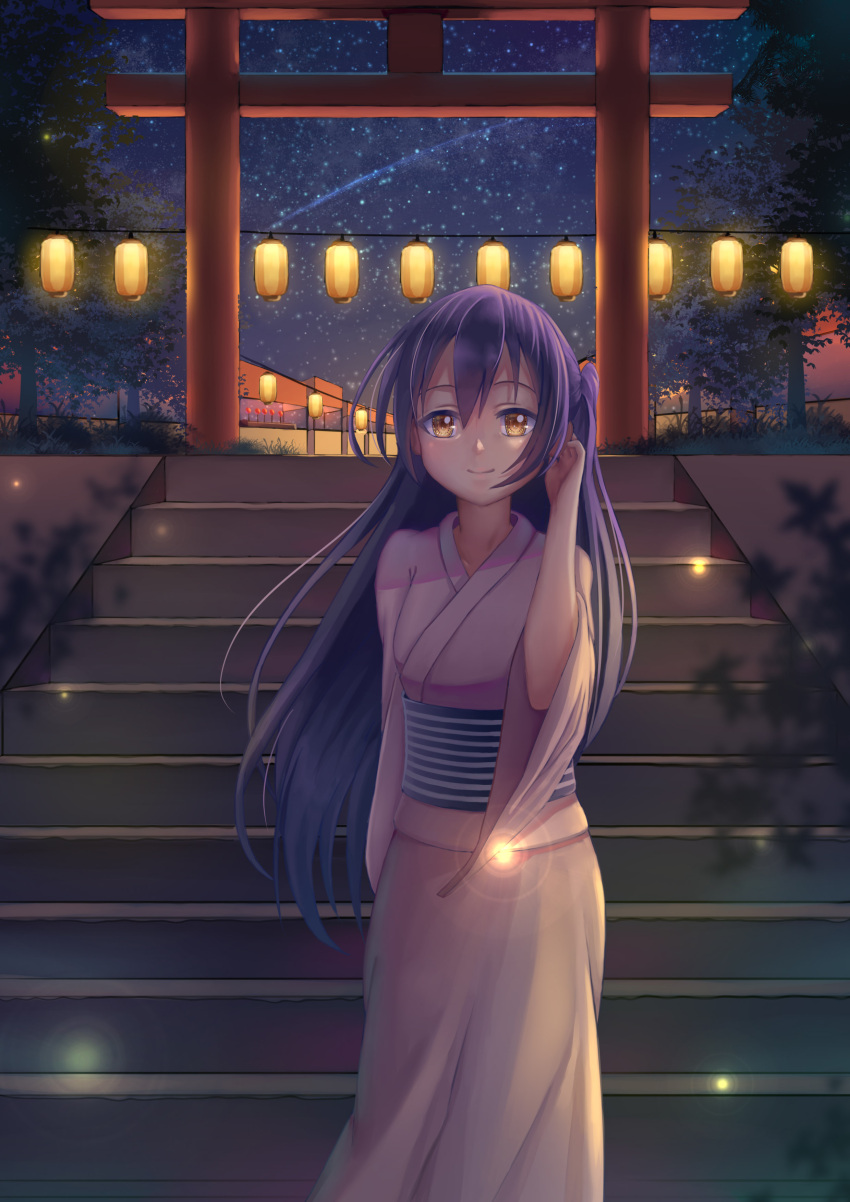 1girl absurdres bangs blue_hair blush commentary_request eyebrows_visible_through_hair hair_between_eyes hand_in_hair highres japanese_clothes kimono lantern long_hair long_sleeves looking_at_viewer love_live! love_live!_school_idol_project night shano_dongxi sky smile solo sonoda_umi stairs standing star_(sky) starry_sky white_kimono wide_sleeves yellow_eyes yukata