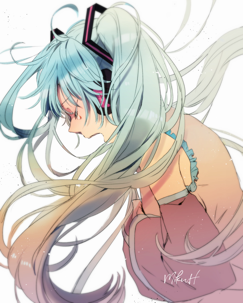 1girl absurdres blue_hair character_name closed_eyes crying detached_sleeves grey_shirt hatsune_miku headphones highres long_hair makoji_(yomogi) open_mouth shaded_face shirt simple_background solo_focus tears twintails very_long_hair vocaloid white_background