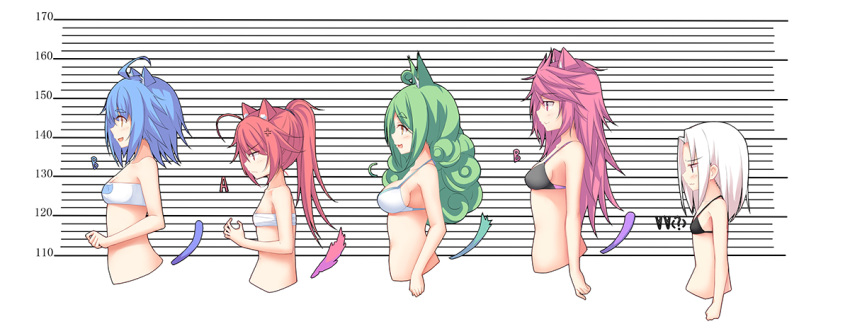 5girls :d aixioo anger_vein animal_ears animal_print bare_arms bare_shoulders black_bra blue_hair blush bra breasts brown_eyes bust_chart cat_bra cat_ears cat_girl cat_print cat_tail character_request closed_mouth commentary_request green_eyes high_ponytail large_breasts long_hair medium_breasts multiple_girls open_mouth pink_eyes pink_hair ponytail print_bra profile red_eyes redhead san_diego_(zhan_jian_shao_nyu) sarashi silver_hair small_breasts smile strapless strapless_bra tail underwear underwear_only very_long_hair vittorio_veneto_(zhan_jian_shao_nyu) white_background white_bra zhan_jian_shao_nyu