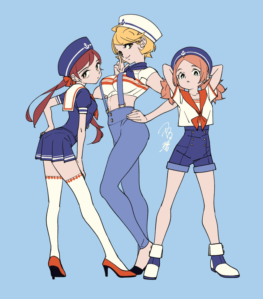 3girls arms_behind_head blonde_hair blue_background breasts brown_eyes brown_hair dress full_body green_eyes hair_ribbon hand_on_hip hat high_heels highres large_breasts long_hair looking_at_viewer midriff multiple_girls original ribbon sailor sailor_collar sailor_dress sailor_hat shorts signature simple_background skirt small_breasts smile standing suspenders tayama_midori twintails