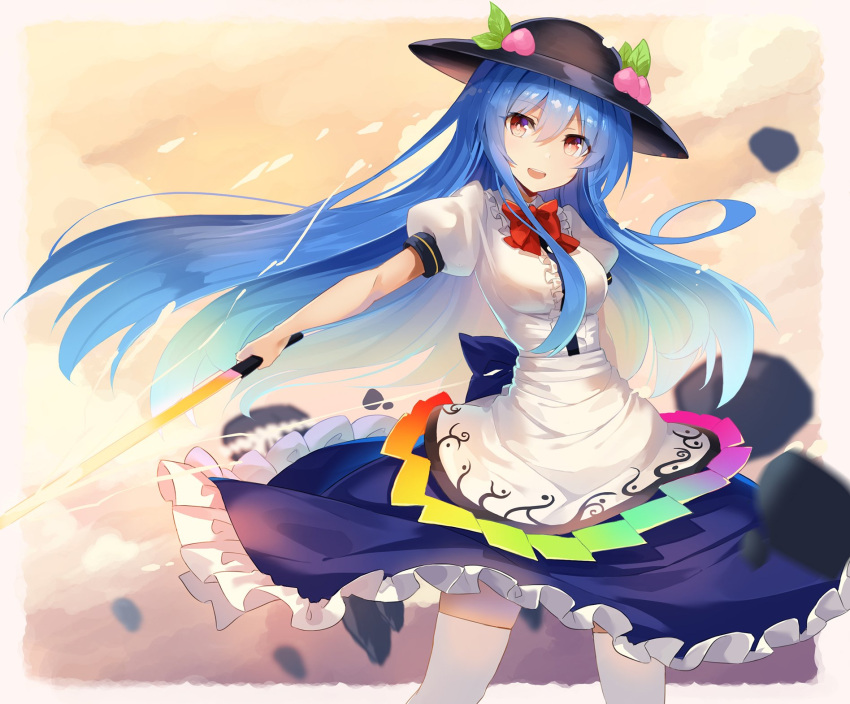 1girl blouse blue_hair blue_skirt bow breasts commentary_request cowboy_shot food frills fruit hat head_tilt highres hinanawi_tenshi holding holding_sword holding_weapon leaf long_hair medium_breasts neck_bow open_mouth peach petticoat puffy_short_sleeves puffy_sleeves red_bow red_eyes red_neckwear rin_falcon rock short_sleeves sidelocks skirt smile solo standing sword sword_of_hisou thigh-highs touhou very_long_hair weapon white_blouse white_legwear