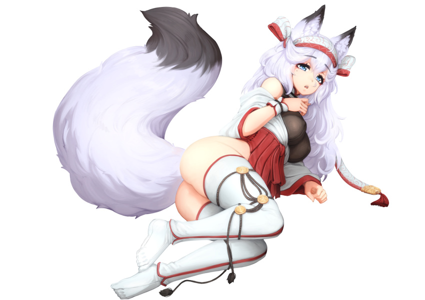 1girl animal_ears ass bangs barbariank blue_eyes blush breasts commentary erect_nipples eyebrows_visible_through_hair fluffy fox_ears fox_girl fox_tail hair_between_eyes headdress japanese_clothes large_breasts long_hair long_sleeves looking_at_viewer lying mole mole_under_eye no_shoes off_shoulder on_side open_mouth original solo tail thigh-highs transparent_background white_hair white_legwear wrist_cuffs