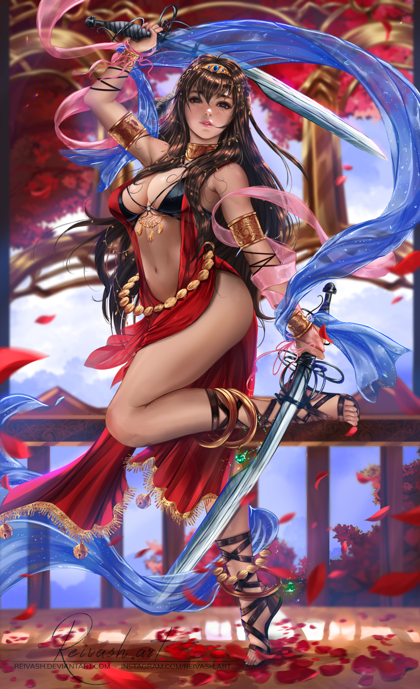 1girl absurdres arm_up armlet bangs bare_shoulders bell bracelet breasts brown_eyes brown_hair cleavage commentary day dual_wielding fingernails full_body highres holding holding_sword holding_weapon indoors javier_estrada jewelry jingle_bell lips looking_at_viewer medium_breasts navel one_leg_raised open_toe_shoes original petals sleeveless sword thighs tiara weapon
