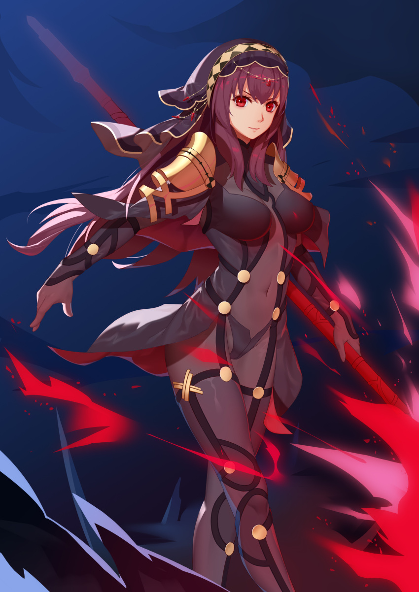 1girl absurdres aira5 bodysuit covered_navel fate/grand_order fate_(series) gae_bolg highres holding holding_spear holding_weapon jewelry long_hair looking_at_viewer polearm purple_hair red_eyes scathach_(fate/grand_order) solo spear veil weapon