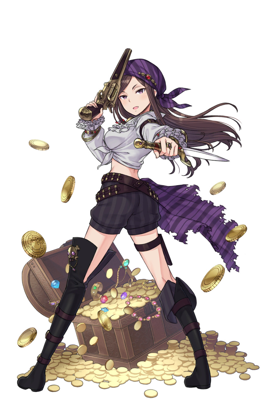 1girl :d arm_belt bandanna belt belt_boots black_footwear boots bracelet brown_hair coin dorothy_(princess_principal) full_body gun highres holding holding_gun holding_weapon jewelry knife long_hair midriff necklace_removed official_art open_mouth princess_principal princess_principal_game_of_mission ring shorts smile solo standing striped striped_bandana striped_shorts thigh-highs thigh_boots transparent_background treasure_chest weapon