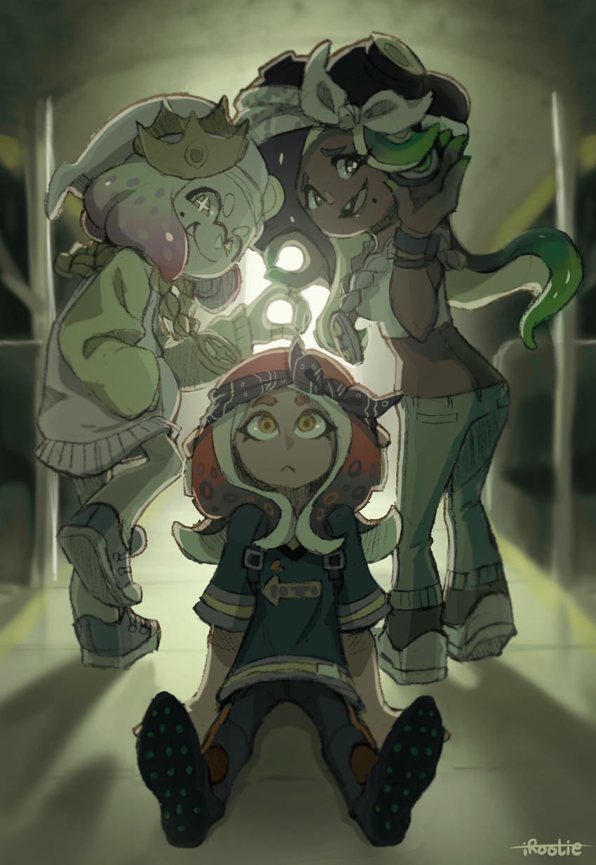 3girls agent_8 ass asymmetrical_clothes black_shirt black_skirt boots cephalopod_eyes crop_top cropped_vest crown dark_skin headband highres hime_(splatoon) iida_(splatoon) looking_at_viewer midriff miniskirt mole mole_under_mouth multicolored multicolored_skin multiple_girls navel_piercing octarian one_eye_closed pants piercing pink_hair pink_pupils pointy_ears shirt simple_background skirt smile splatoon splatoon_2 splatoon_2:_octo_expansion sweater tentacle_hair