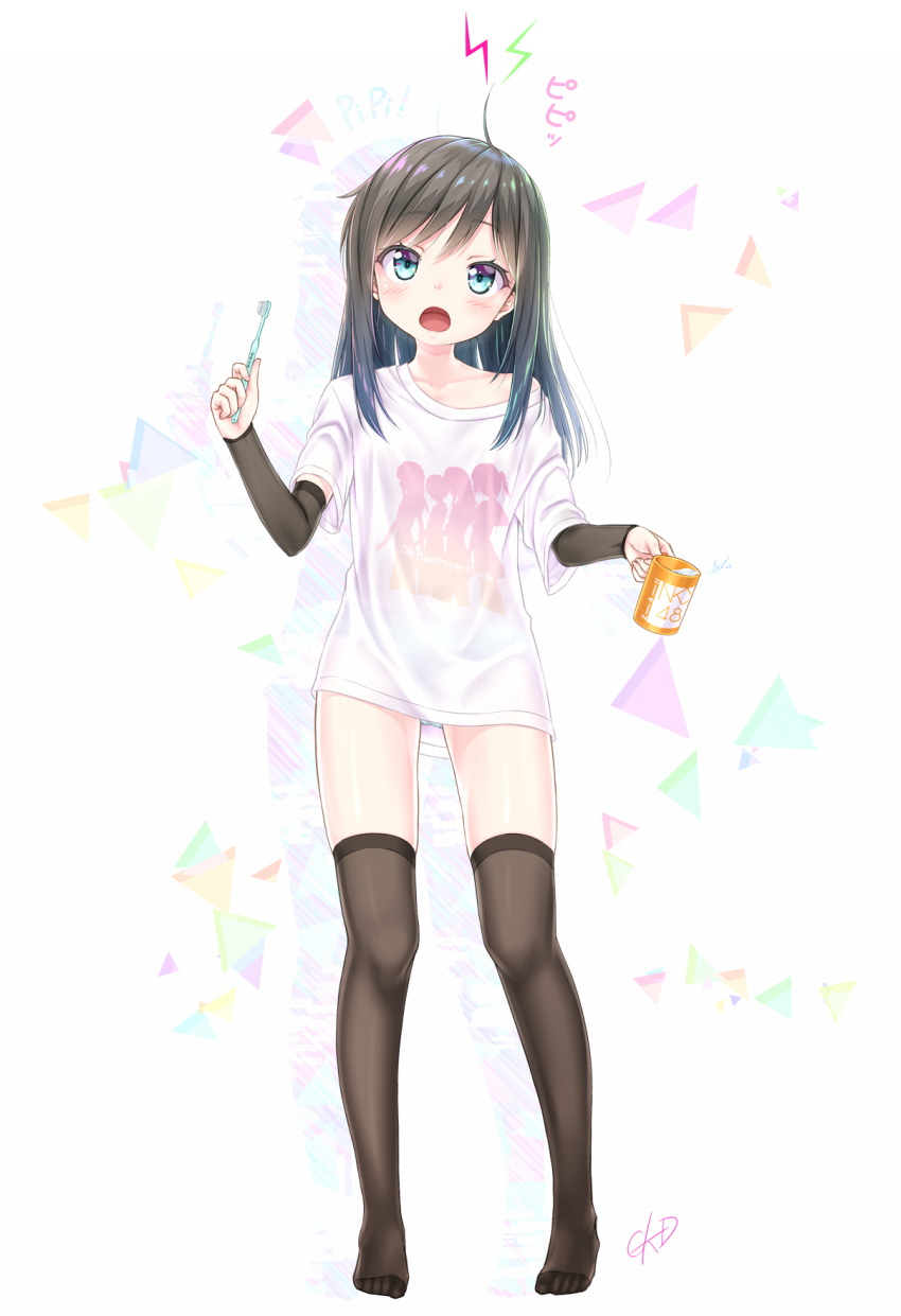 1girl alternate_costume arm_warmers asashio_(kantai_collection) black_hair black_legwear blue_eyes commentary_request cup full_body gotou_hisashi highres kantai_collection long_hair mug open_mouth shirt solo standing t-shirt thigh-highs toothbrush