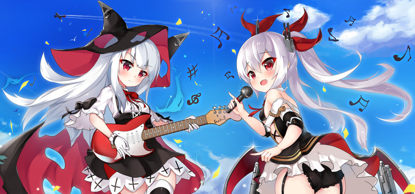 2drr 2girls :d aircraft airplane animal_hat ass azur_lane bangs beamed_semiquavers bikini_top black_bikini_top black_bow black_cape black_dress black_hat black_panties black_skirt blue_sky blush bow breasts cape clouds commentary_request condensation_trail day dress electric_guitar erebus_(azur_lane) eyebrows_visible_through_hair fang fingernails garter_straps gloves guitar hair_between_eyes hair_ornament hair_ribbon hat high-waist_skirt highres holding holding_instrument holding_microphone index_finger_raised instrument long_hair low_wings microphone multiple_girls musical_note open_mouth outdoors panties quaver red_eyes red_ribbon red_wings ribbon shirt short_sleeves sidelocks silver_hair skirt sky small_breasts smile suspender_skirt suspenders torn_cape torn_clothes torn_hat treble_clef twintails underwear vampire_(azur_lane) very_long_hair white_gloves white_shirt wings