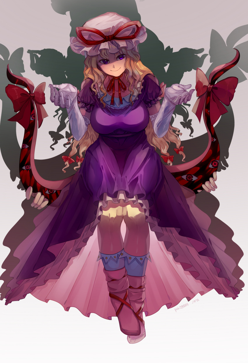 1girl absurdres afterimage asuku_(69-1-31) blonde_hair breasts choker closed_mouth dress elbow_gloves eyes full_body gap gloves gradient gradient_background hands hat hat_ribbon highres large_breasts layered_dress long_hair looking_at_viewer mob_cap puffy_short_sleeves puffy_sleeves purple_dress red_ribbon ribbon ribbon_choker shaded_face short_sleeves sitting smile socks solo touhou white_footwear white_gloves yakumo_yukari
