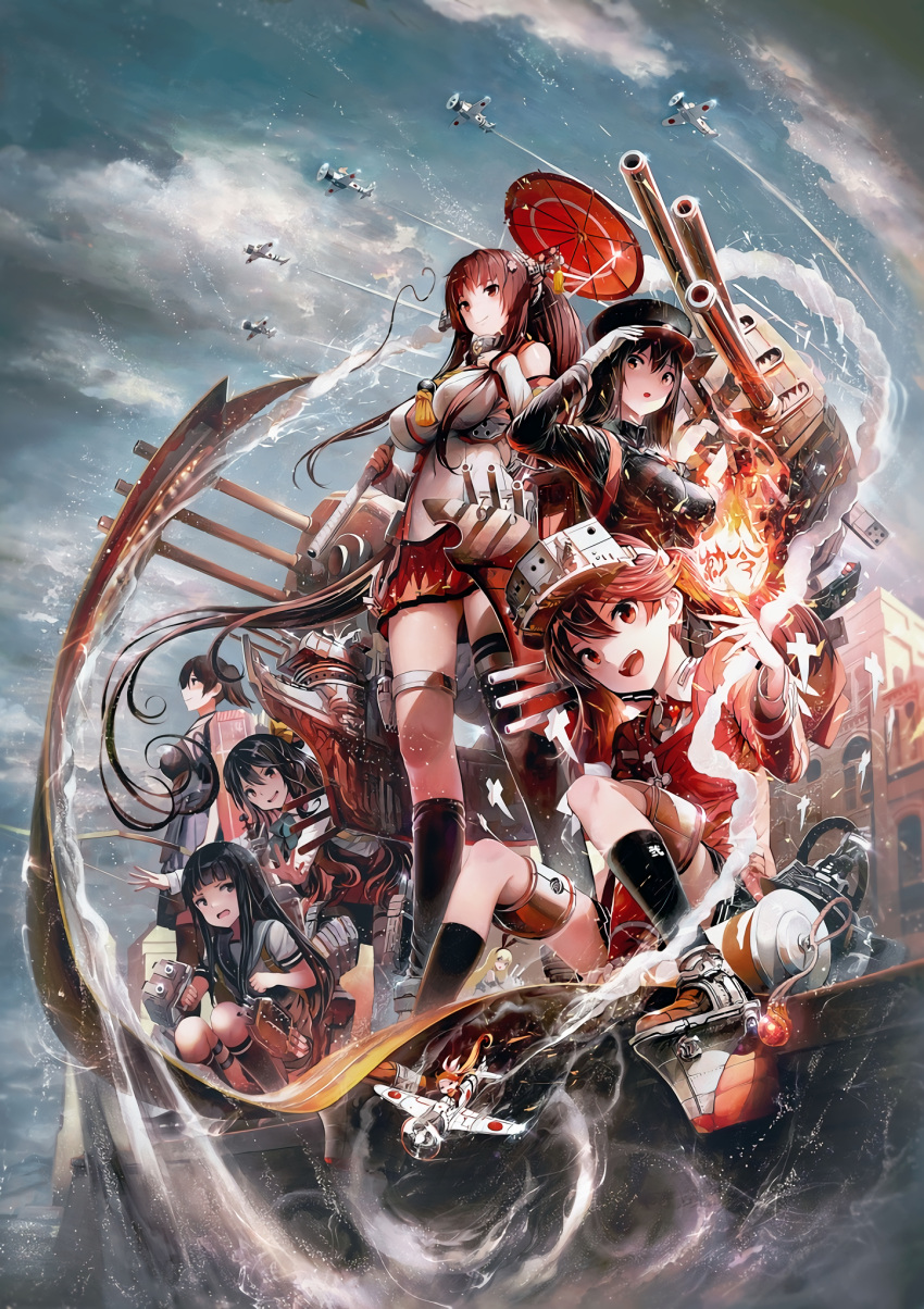 6+girls aircraft airplane akitsu_maru_(kantai_collection) asymmetrical_legwear backpack bag bangs black_coat black_eyes black_hair blunt_bangs bow_(weapon) breasts brown_eyes brown_hair building cherry_blossoms clouds detached_sleeves dress fairy_(kantai_collection) fire flight_deck flower gloves hair_flower hair_ornament hair_ribbon hairband hakama hakama_skirt hat hatsuyuki_(kantai_collection) highres hime_cut house japanese_clothes kaga_(kantai_collection) kantai_collection kariginu large_breasts long_hair looking_at_another looking_at_viewer looking_away looking_to_the_side magatama military military_hat military_uniform miniskirt multicolored_hair multiple_girls muneate naganami_(kantai_collection) navel neck_ribbon onmyouji open_mouth oriental_umbrella peaked_cap pleated_skirt randoseru red_clothes red_skirt red_umbrella remodel_(kantai_collection) rensouhou-chan ribbon ryuujou_(kantai_collection) sailor_collar school_uniform scroll serafuku shikigami shimakaze_(kantai_collection) shirakaba shirt short_hair side_ponytail single_thighhigh sitting skirt sky sleeveless sleeveless_dress smile thigh-highs tied_hair turret twintails two-tone_hair umbrella uniform very_long_hair visor_cap water waves wavy_hair weapon white_gloves white_shirt yamato_(kantai_collection)
