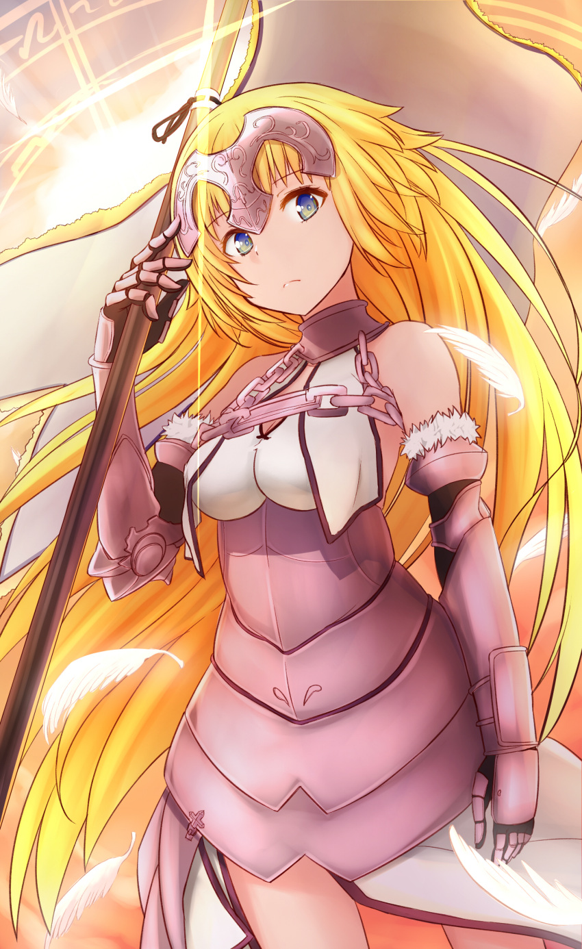 1girl absurdres arm_up armor armored_dress banner bare_shoulders blonde_hair breasts chains closed_mouth eyebrows_visible_through_hair fate/apocrypha fate/grand_order fate_(series) flag gauntlets gloves headpiece highres holding jeanne_d'arc_(fate) jeanne_d'arc_(fate)_(all) long_hair looking_at_viewer orihiro0614 sleeveless very_long_hair