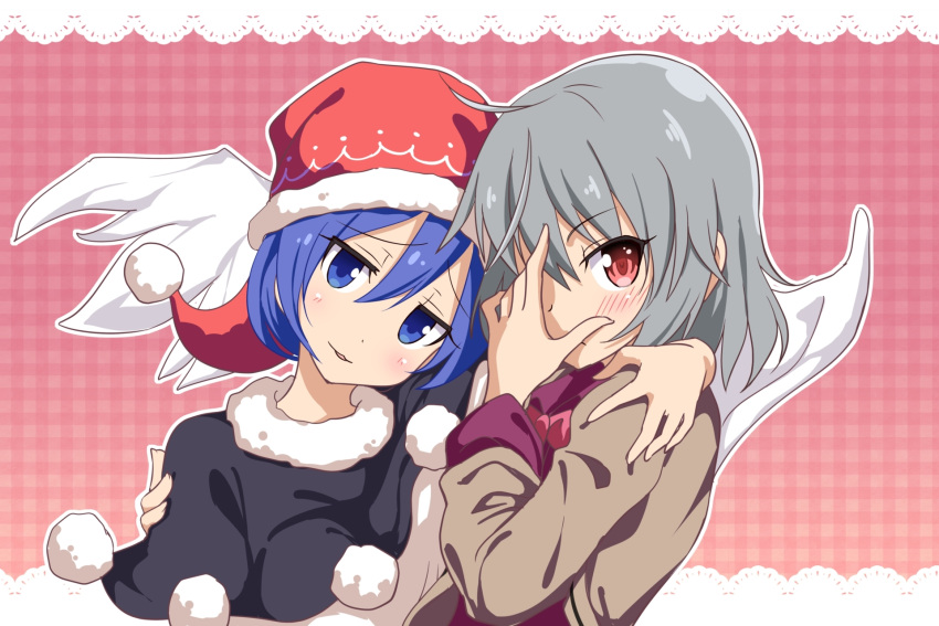 2girls :3 blue_eyes blue_hair blush capelet commentary_request doremy_sweet eyebrows_visible_through_hair gin'you_haru grey_hair hair_between_eyes hand_on_another's_shoulder hand_over_face hat head_tilt highres kishin_sagume looking_at_viewer multiple_girls pom_pom_(clothes) red_eyes short_hair single_wing smile touhou upper_body wings