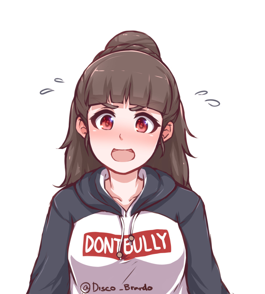 1girl artist_name bangs blunt_bangs blush braid brown_hair clothes_writing commentary crown_braid disco_brando drawstring eyebrows eyebrows_visible_through_hair flying_sweatdrops hair_bun highres hood hood_down hoodie idolmaster idolmaster_cinderella_girls kamiya_nao long_hair looking_at_viewer open_mouth red_eyes simple_background solo twitter_username upper_body white_background