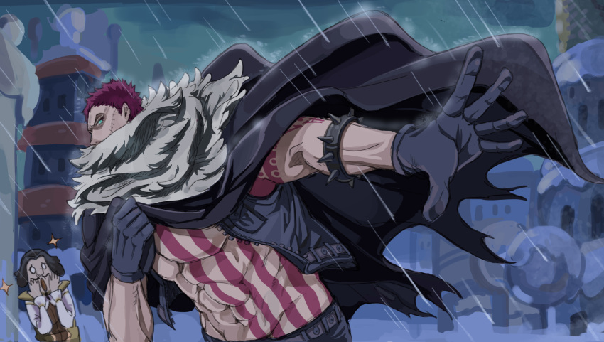 2boys abs aqua_eyes arm_tattoo armlet bare_chest black_cape black_gloves black_hair black_vest blank_eyes cape charlotte_katakuri chest chest_tattoo covered_mouth facial_hair from_side gloves highres living_(pixiv5031111) long_sleeves looking_at_viewer male_focus multiple_boys muscle night no_shirt one_piece open_clothes open_mouth open_vest outdoors outstretched_arm pants purple_hair rain scar scarf scarf_over_mouth short_hair solo_focus sparkle spikes standing stitches stomach stomach_tattoo tattoo unzipped upper_body vest white_scarf wind zipper