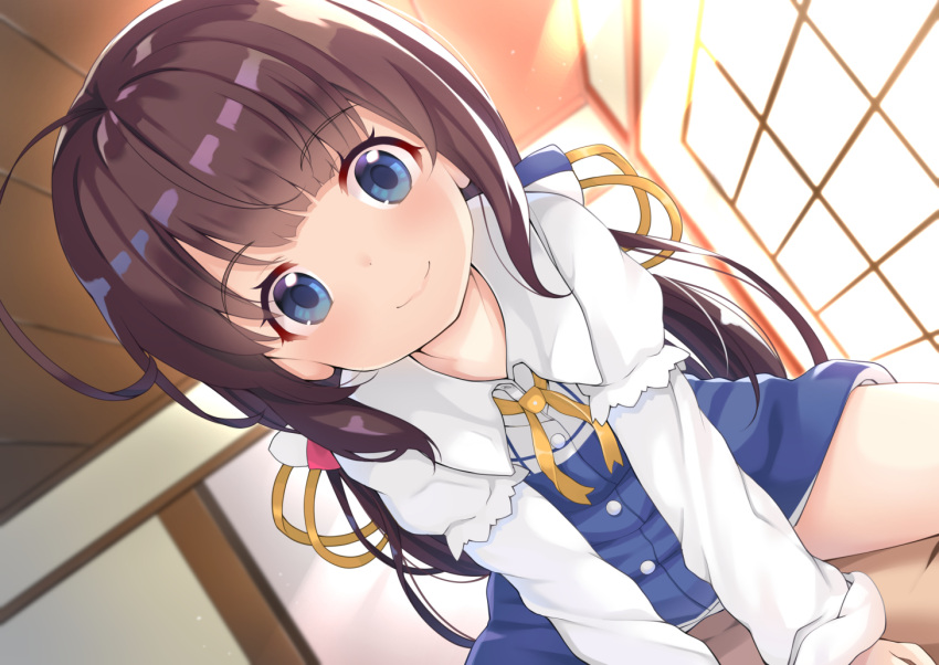 1girl ahoge bangs blue_dress blue_eyes blush brown_hair closed_mouth commentary_request dress dutch_angle eyebrows_visible_through_hair hinatsuru_ai indoors long_hair long_sleeves low_twintails no_hat no_headwear puffy_short_sleeves puffy_sleeves ryuuou_no_oshigoto! school_uniform short_over_long_sleeves short_sleeves sidelocks smile solo_focus straddling toketou twintails very_long_hair